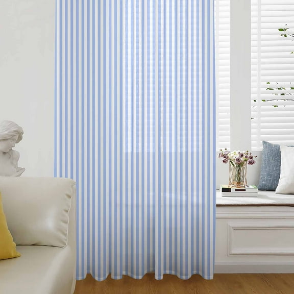 Blue White Stripe Semi Sheer Curtains Drapes for Living Room, Bedroom, French Doors Window 45 Inches Long, Modern Minimalist Geometric Striped Rod Pocket Chiffon Curtain Drapery Voile Drape Panel