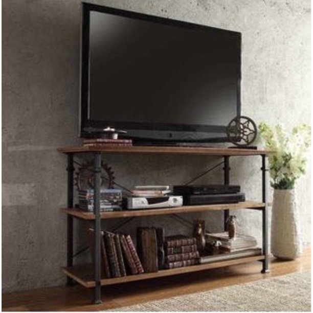 Tribecca Home Myra Vintage Industrial Brown Wood Iron Tv Stand With 2 Shelves For Dvd Players And Books Walmart Com Walmart Com