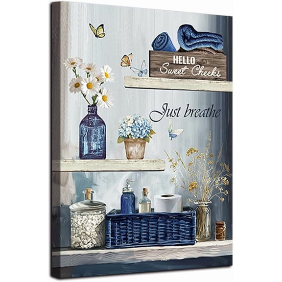 Bathroom Wall Art Canvas Prints Navy Blue Bathroom Picture Wall Decor Rustic Farmhouse Artwork Stretched and Framed 12x16inch