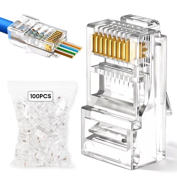 Dutevolns Cat6 RJ45 Pass Through Connectors 100-pack , Cat6 RJ45 Gold Plated, 8P8C Utp Network Plug for Solid Wire and Standard Network Cable