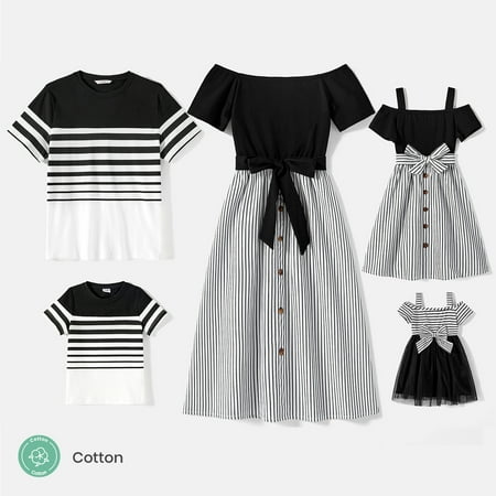 

PatPat Family Matching Cotton Striped Short-sleeve T-shirts and Off Shoulder Belted Spliced Dresses