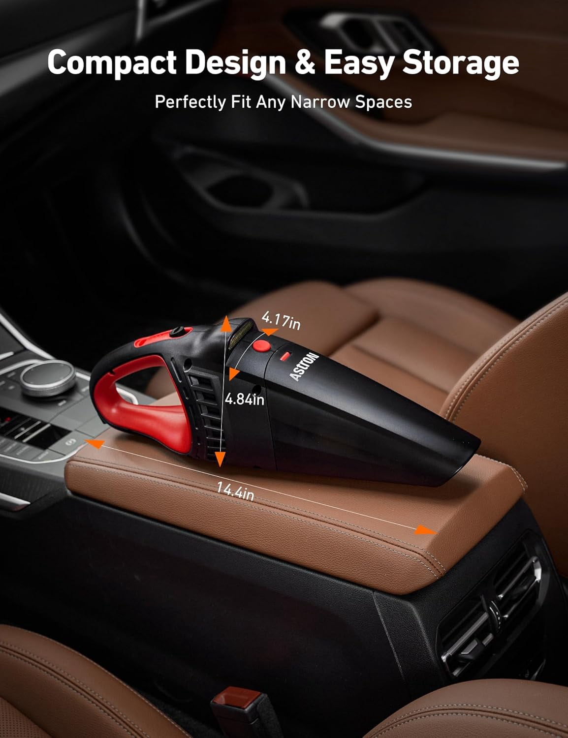 AstroAI Red Handheld Cordless Car Vacuum: 12V DC Power, LED Light & Accessories (Brush, Extended Pipe, Hose) – Portable for Car, Home, Office & Pet Hair