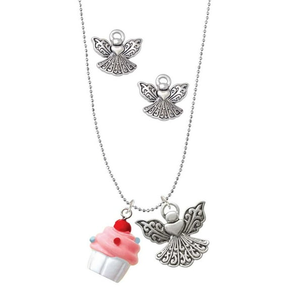 Delight Jewelry Resin White Cupcake with Pink Frosting Silver tone Guardian Angel Charm Necklace and Stud Earrings