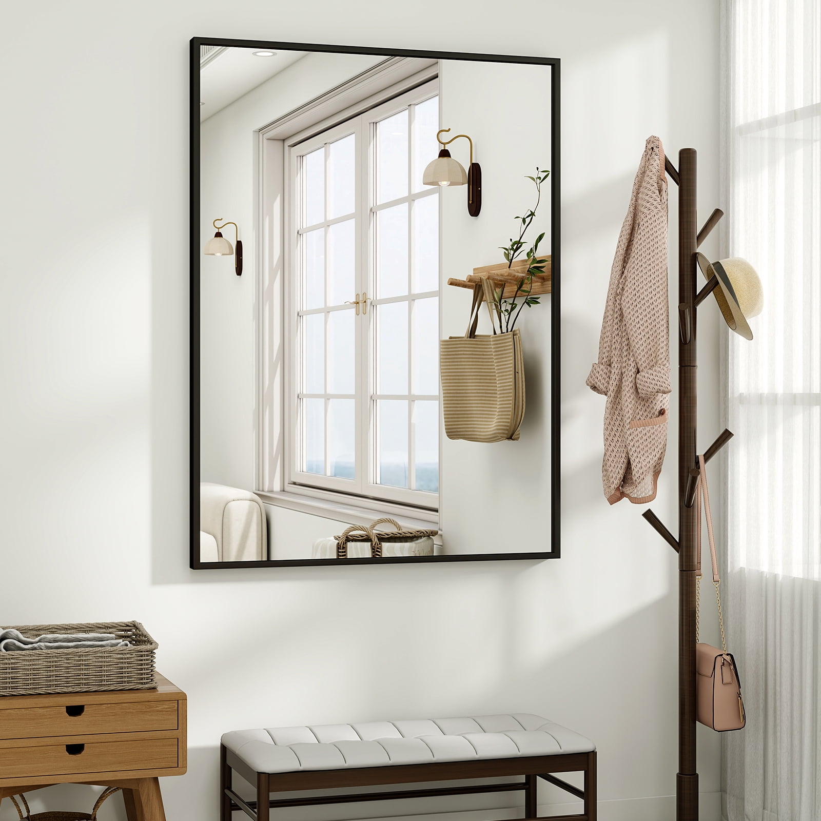 Gleamira 32"x40" Rectangular Bathroom Mirror Wall Mounted Mirror with Metal Frame, Black