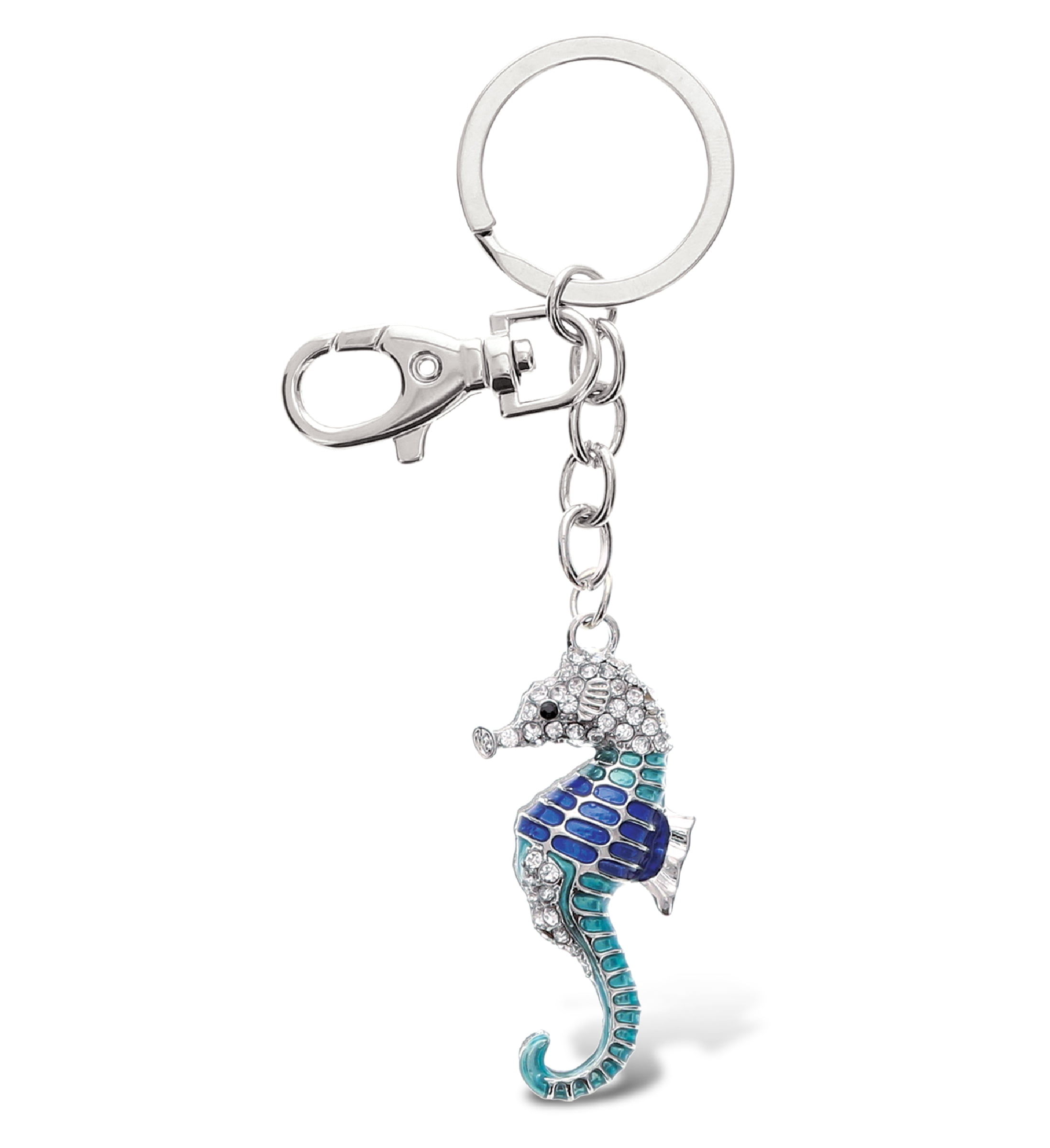 Sparkly Sea Horse Pendant Key Chain Ring w/ Lobster Clasp Collectable Blue 