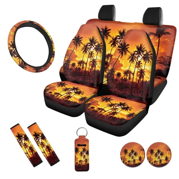 Uorisanigo 10 Pack Sunset Palm Tree Automobile Seat Cover Sets Car Seat Belt Cover Cars Water Cup Coaster Auto Steering Wheel Cover Chapstick Holder Elastic Soft Auto Interior Fit Car SUV