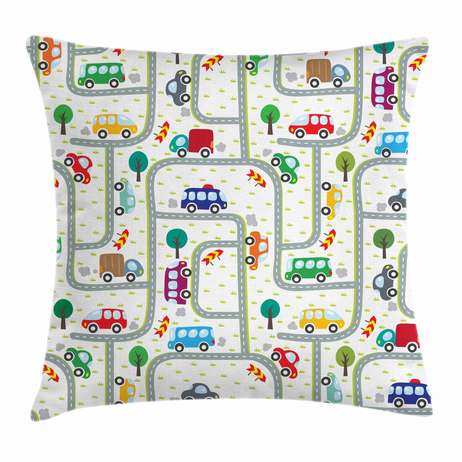 Cars Throw Pillow Cushion Cover, Vibrant Cute Children Drawing Cars