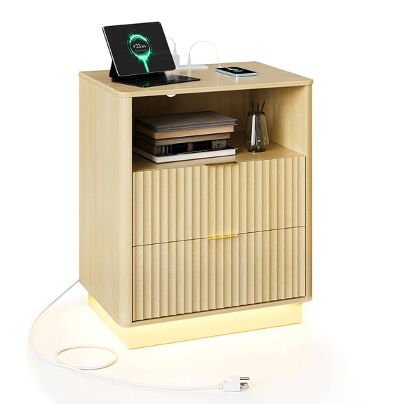 Fluted bedside table with Charging Station & LED Light - 2 Drawer Wooden Bedside Table - Mid Century Rustic Design - Bedroom or Living Room - Natural Wood Color - US Standard