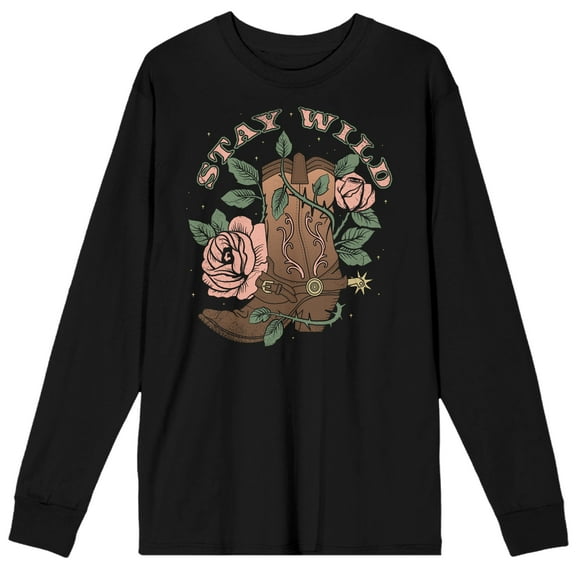 Vintage Country Boots and Roses Stay Wild Men's Black Long Sleeve Crew Neck Tee-Medium