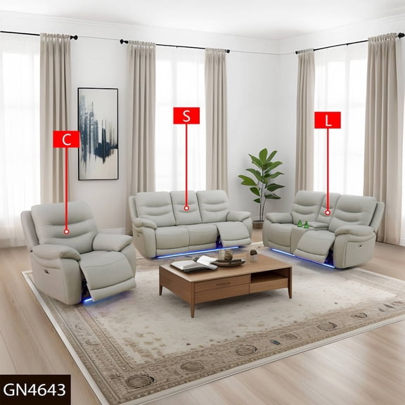 FUOROLA Max Power Recliner Living Room Set with LED Light Grey