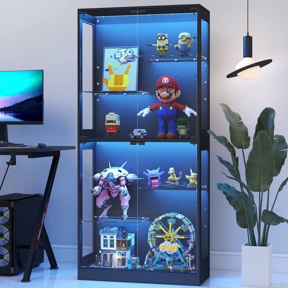 Anrist Display Cabinet with RGB LED Lights & Tempered Glass Doors, 5-Tier Tall Curio Cabinet, Black