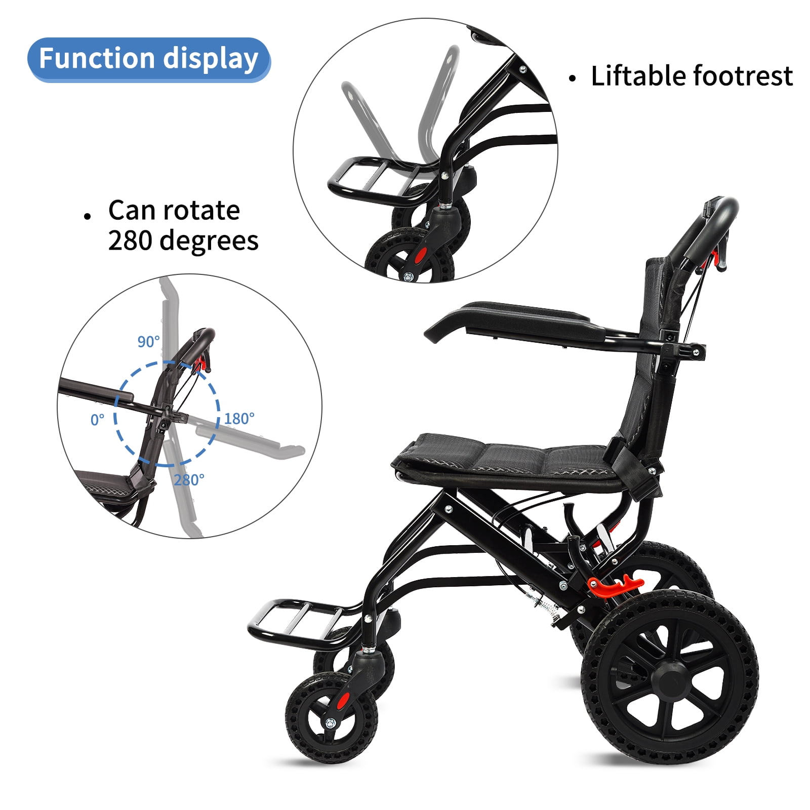 Large Portable Aluminum Transport Wheelchair | Handbrake & 12" Rear Wheels | Lightweight Folding Travel Chair for Adults & Kids | Black (Seat Width: 18")