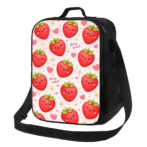 Strawberry Pattern Lunch Bag Insulated Thermal Box with Shoulder Strap & Handle for Work and Picnic