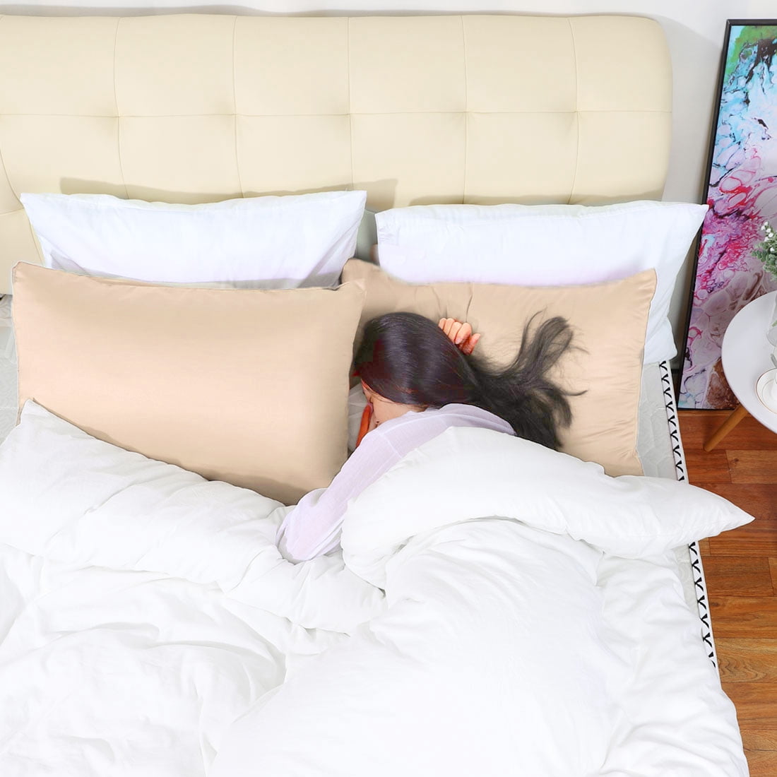 Unique Bargains 4 Pack Satin Pillowcases for Hair and Skin, Light Tan Travel