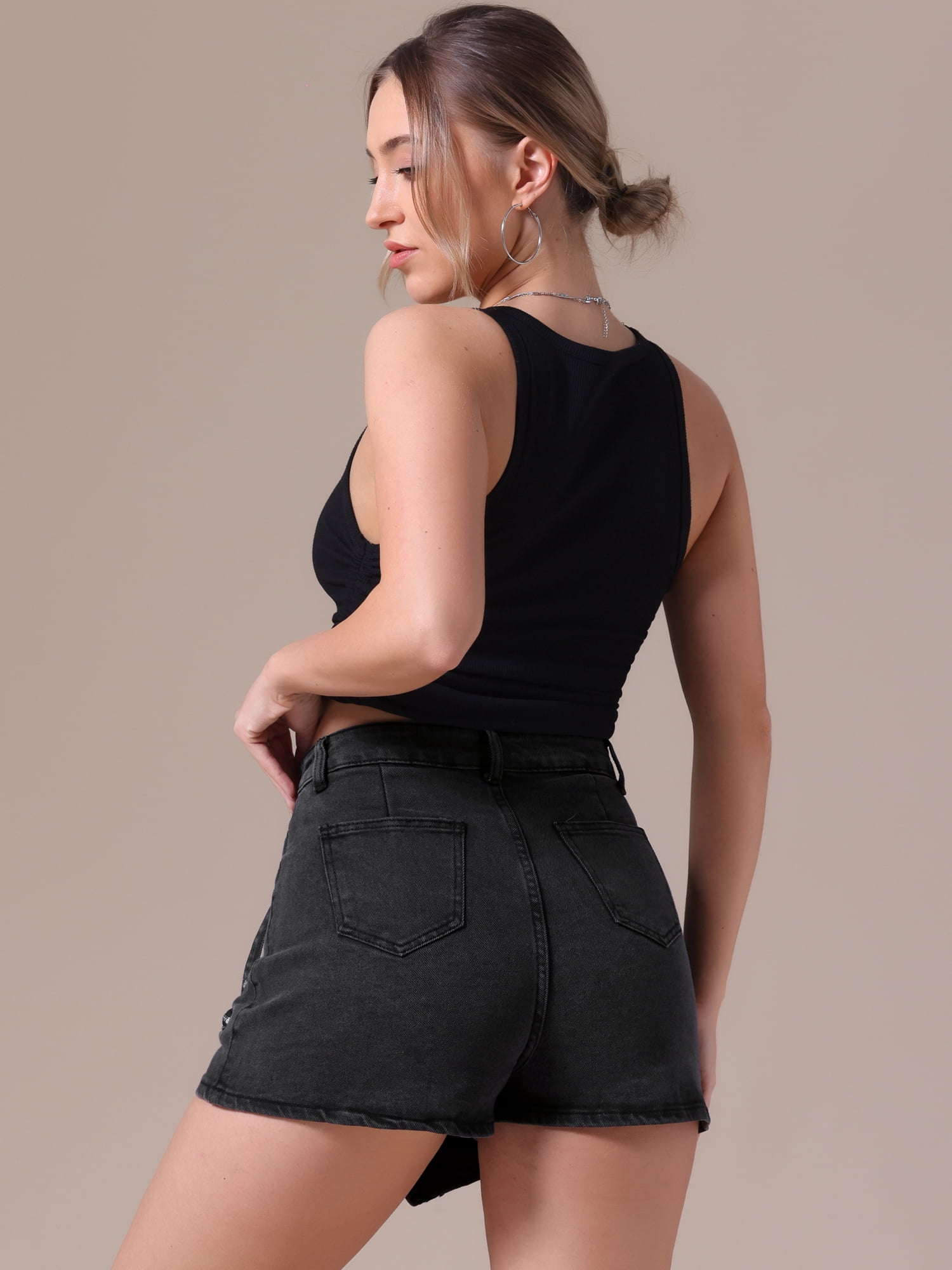 DARING DIVA Women's High Waist Western Asymmetrical Denim Cargo Skirt Shorts L Black