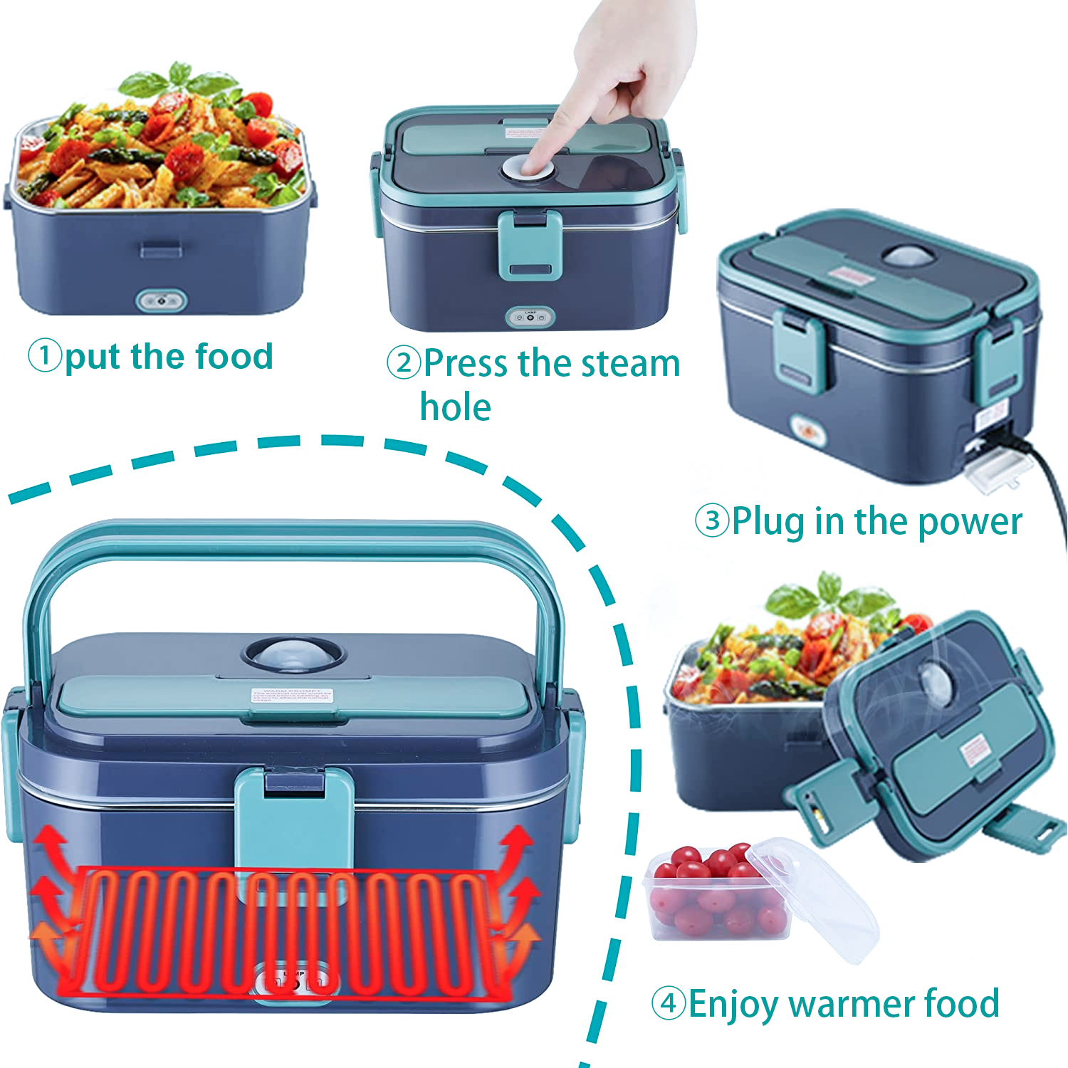Romanda 1.8L Electric Heated Lunch Boxes for Adults 12V/24V/110V Portable Electric Lunch Box for Car/Office/Home – Leak Proof, 304 Stainless Steel Container, SS Fork & Spoon and Carry Bag - Sky Blue