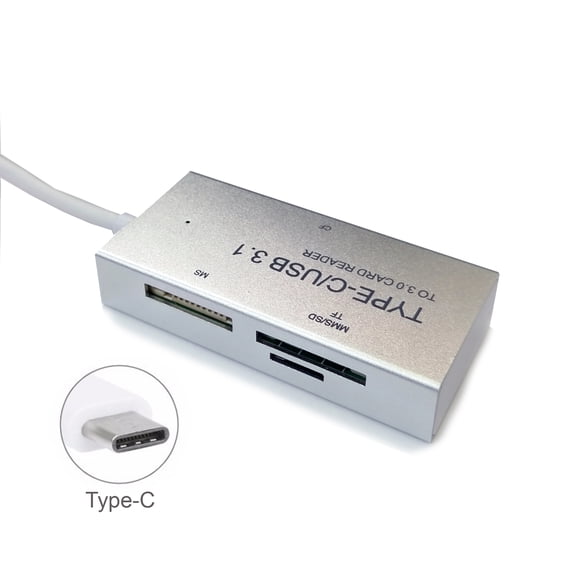 USB3.1 Alliage d'Aluminium de Type C à Lecteur de Carte MS/M2/TF/SD, Argent
