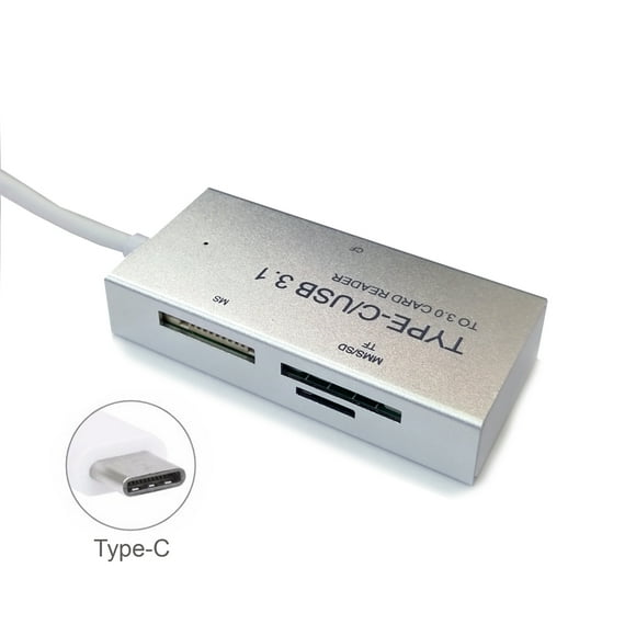 USB3.1 Type-C Aluminium Alloy to MS/M2/TF/SD Card Reader, Silver