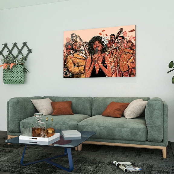 African jazz band on a colorful background performing 24x16in canvas wall art stretched on wood frame