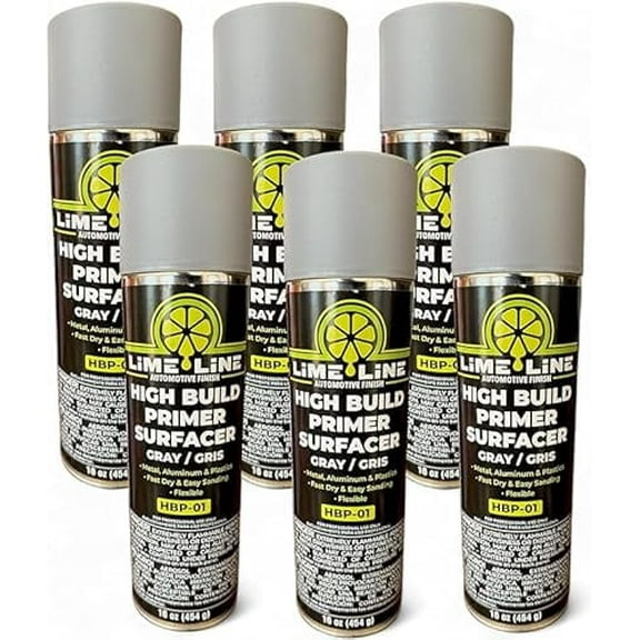 LiME LiNE 1K Flexible High Build Primer Surfacer, Direct to Metal, Automotive and Industrial Grade, 16 oz Aerosol Spray Can, Primer Light Grey (Pack of 6)