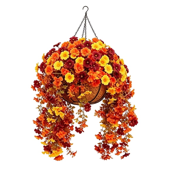 CY5O5ee 1 Pack Artificial Outdoor Fall Hanging Flowers Plant with Hanging Basket Realistic Silk Morning Glory Planters for Porch, Garden, Patio, Yard, Courtyard, Fall Decor
