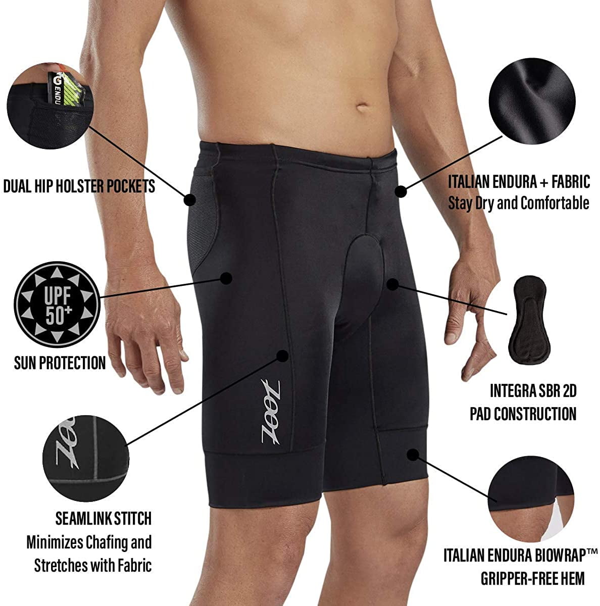 Performance Triathlon Shorts with Endura Fabric and Hip Holster Pockets Zoot Core Mens 9-Inch Tri Shorts 