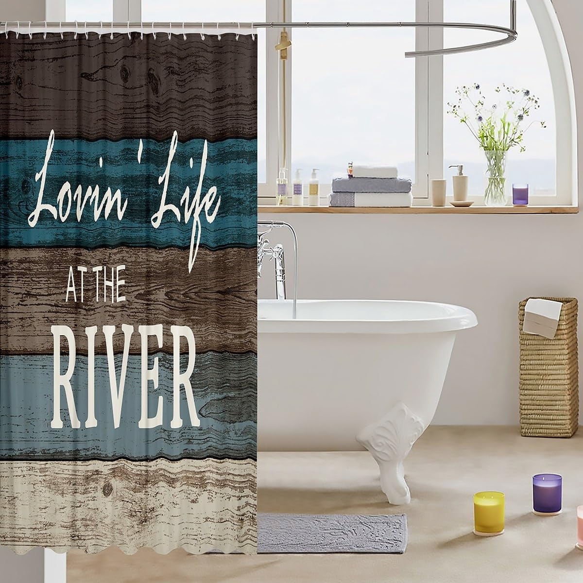 River Shower Curtain Rustic Farmhouse Bathroom Shower Curtain Set for Kids Adult Lake Life Bath Curtain Wood Panels Waterproof Curtains Room Decor 72 x 72 Inch