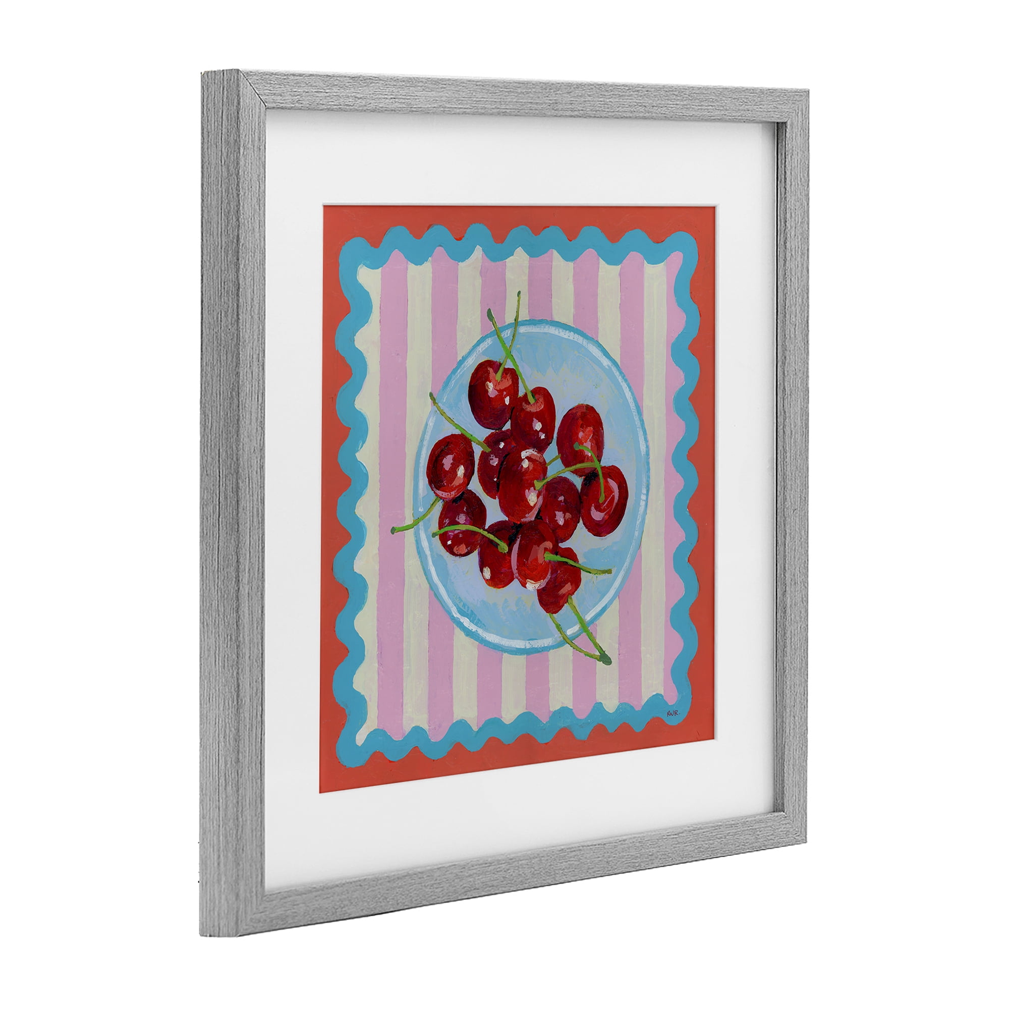 Stupell Industries Red Cherries over Pink Stripes Gray Framed Print Under Glass, design by Rachael Reese
