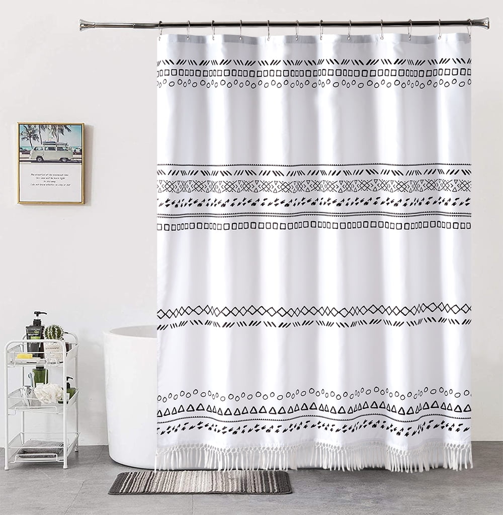 White Boho Stall Shower Curtain with Tassel,Simple Geometric Fabric