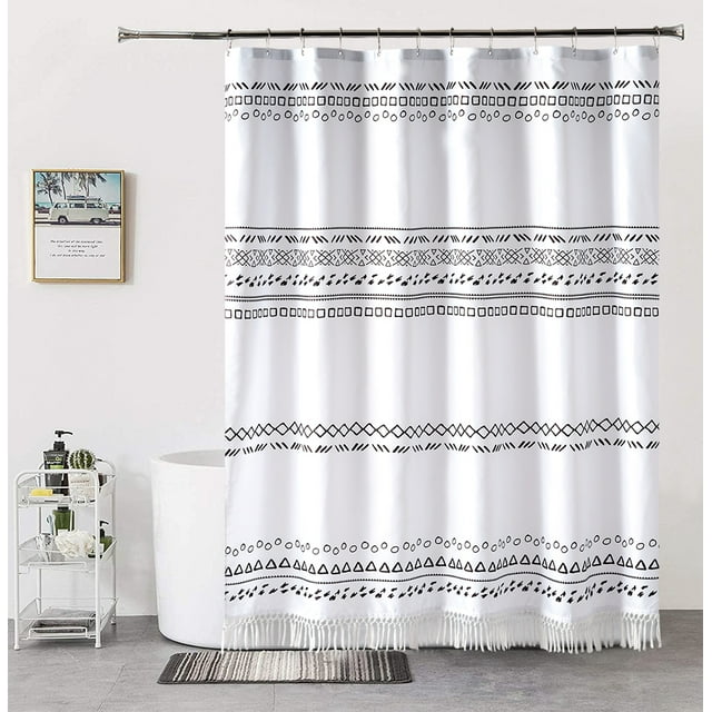 White Boho Stall Shower Curtain with Tassel,Simple Geometric Fabric