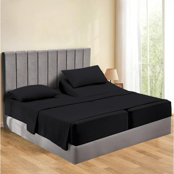 Split Queen 5 Piece Sheet Set - Breathable & Cooling, Luxury Sheets, 500 TC Egyptian Cotton Sheets, 100% Cotton Split Queen Sheet Set, 7-9" Inch Deep Pocket, Split Queen Size, Black Solid