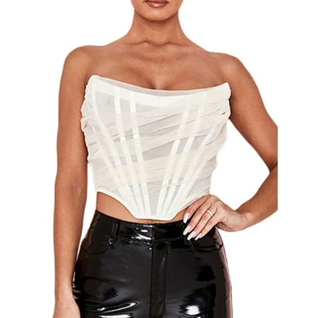 

EYIIYE Women Off Shoulder Sleeveless Asymmetric Mesh Corset Tops S-XL