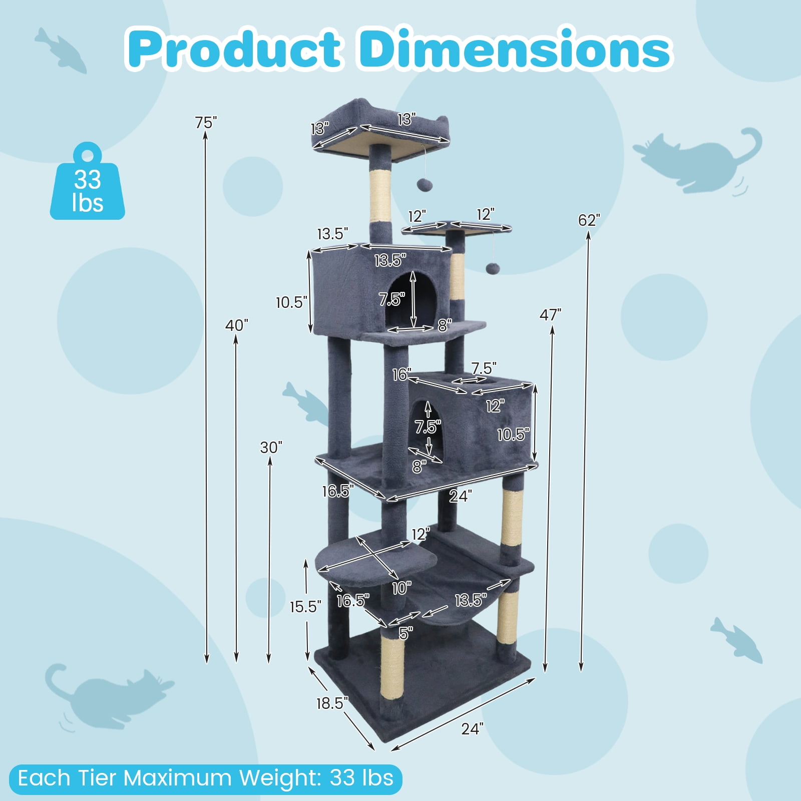 Costway 70” Cat Tree for Indoor Cats with Padded Top Perch, Dual Condos, Hammock, Platforms Dark Gray