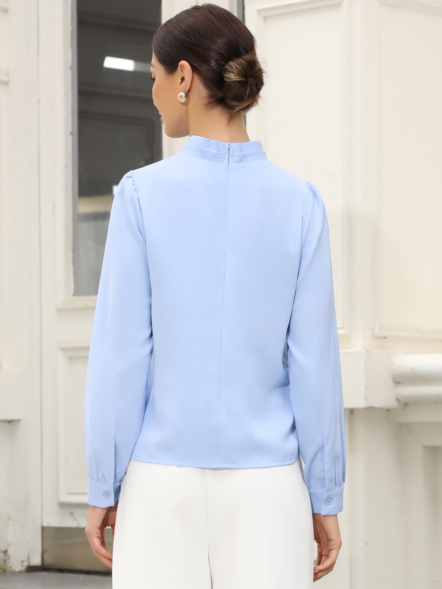 DARING DIVA Women's Work Business Pleat Mock Neck Puff Long Sleeve Blouse M Light Blue