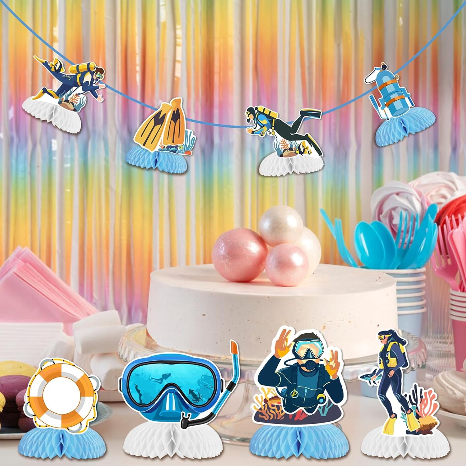 Scuba Diving Party Decorations, 8pcs Scuba Diving Honeycomb Centerpiece for Table Double-Sided Diving Table Centerpiece for Scuba Diving Birthday Baby Shower Underwater Ocean Summer Party