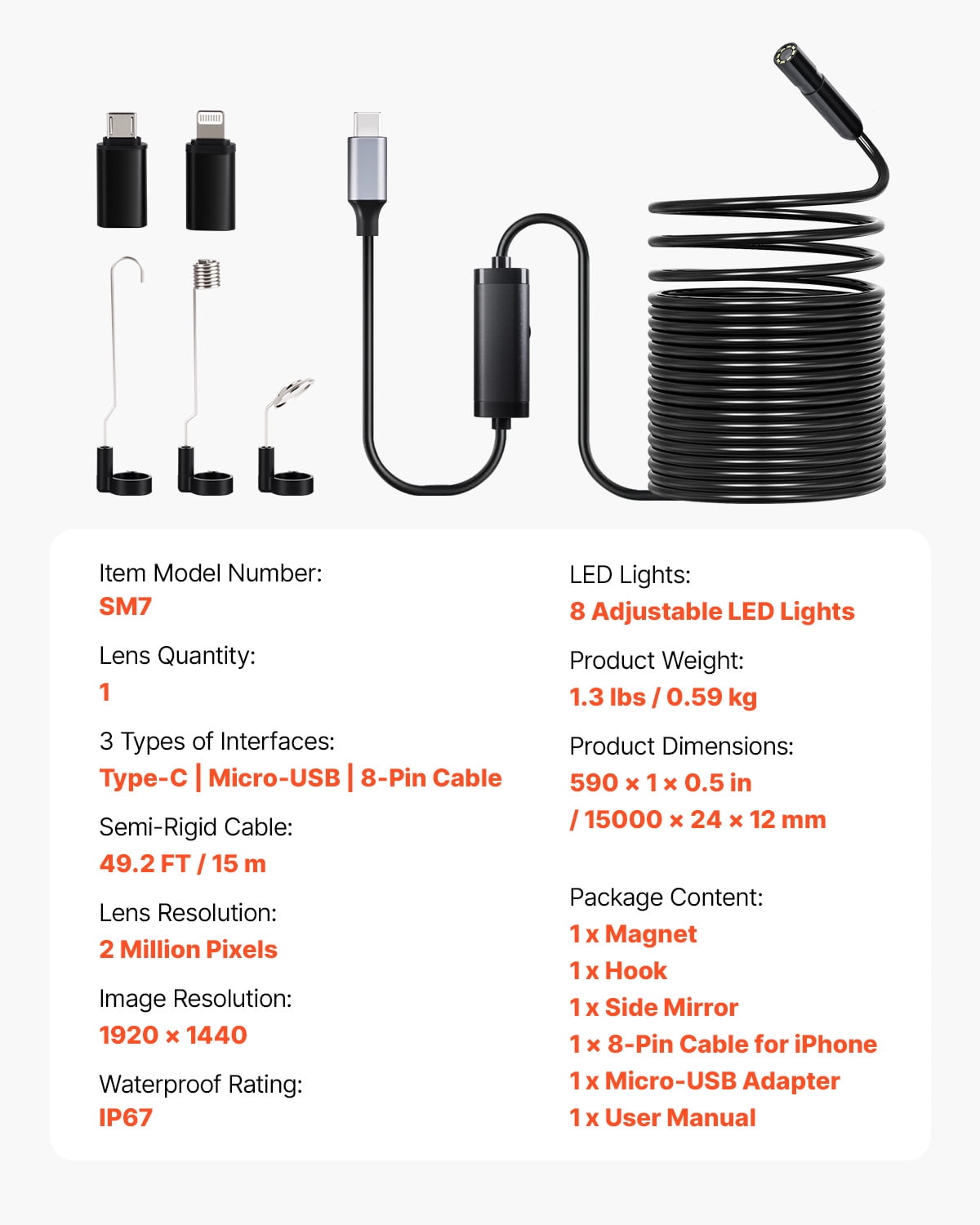 VEVOR Endoscope Camera with 49.2FT Semi-Rigid Cable, 1920P HD Borescope for Android & IOS, Industrial Inspection Camera with Light - 8 LED, 2X Zoom, IP67 Waterproof Snake Camera for Auto, Plumbing