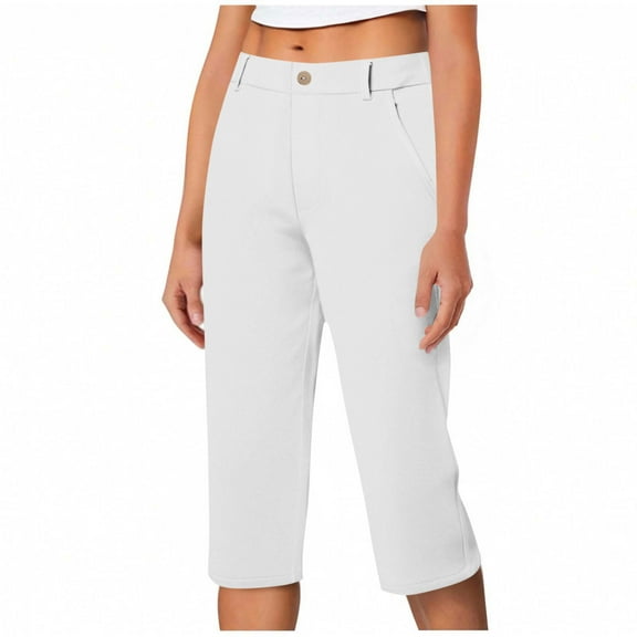 BLVB Women's Capri Pants Summer Stretch Straight Leg Golf Yoga Business Casual Dressy Cropped Pants Pull-On Slacks with Pockets