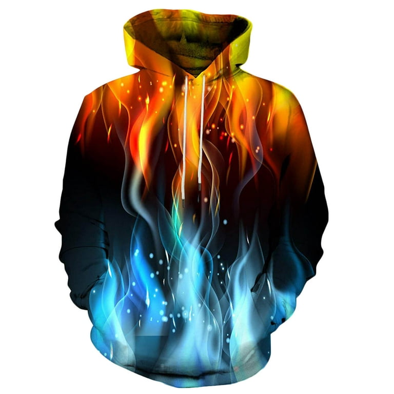 Juebong Men's Tie Dye Pullover Hoodie Ice and Fire Graphic Print Tops Color  Block Athletic Sweatshirt with Pockets , X-Large, Blue 