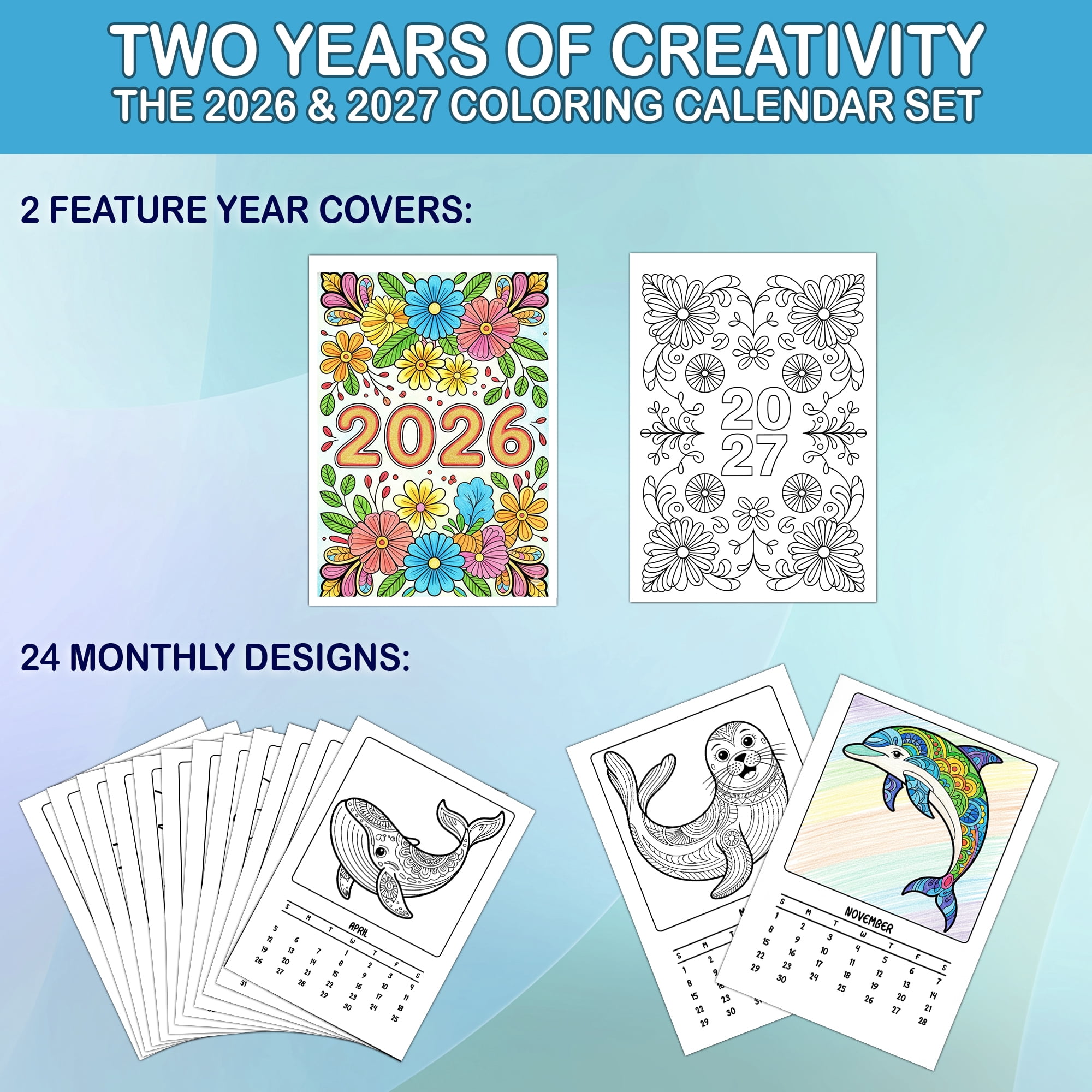Animal Mandala Coloring Desk Calendar 2026–2027, A5 Wooden Cover Planner with 26 Easy Coloring Pages for Adult Relaxation, 24 Month Desktop Calendar with Stand, Gift for Family & Friends