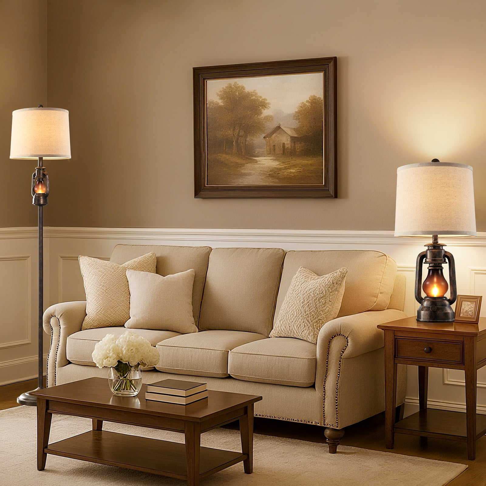 JUJUYUYOP 63" Linen Lampshade Vintage Country Farmhouse Style Floor Lamp with Lantern Night Light, Suitable for Living Room, Bedroom, and Office (Bulb Included)