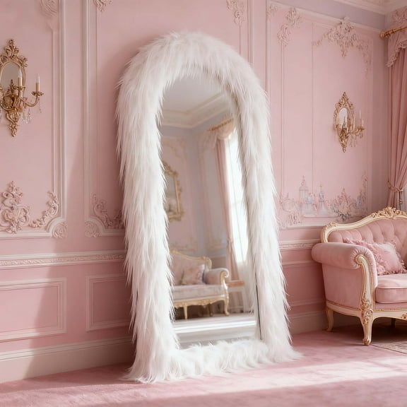 Easy4Home 71"x32" Large Fluffy Arch Full-Length Floor Mirror Dressing Mirror with Fuzzy Frame for DIY, White