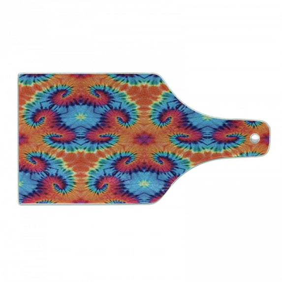 Ikat Cutting Board, Composition Hallucinatory Concentric Fractal Weird Creepy Reflection Illustration, Tempered Glass Cutting and Serving Board, Wine Bottle Shape, Orange and Blue, by Ambesonne