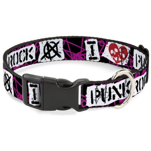 Buckle-Down Pet Collar, Dog Collar Plastic Buckle, I Heart Punk Rock Safety Pins Black Fuchsia White, 8.5 to 12 Inches 0.5 Inch Wide