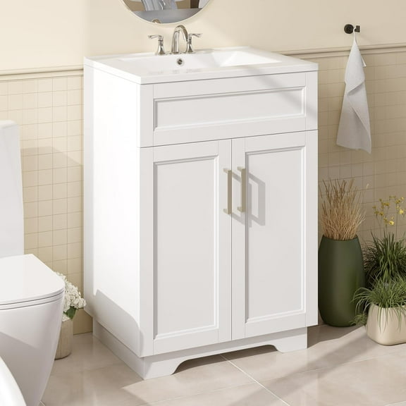 Bathroom Vanity with Ceramic Sink, Quickly Assemble 24" Free Standing Bathroom Sink Cabinet with Wooden Frame, White