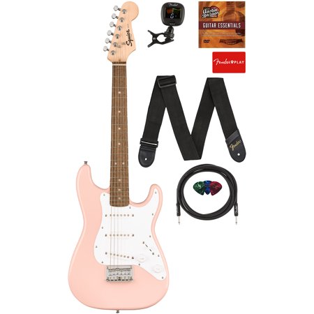 Fender Squier 3/4-Size Kids Mini Stratocaster Electric Guitar Bundle with Cable, Tuner, Strap, Picks, Play Online Lessons, and Austin Bazaar Instructional DVD, Shell Pink