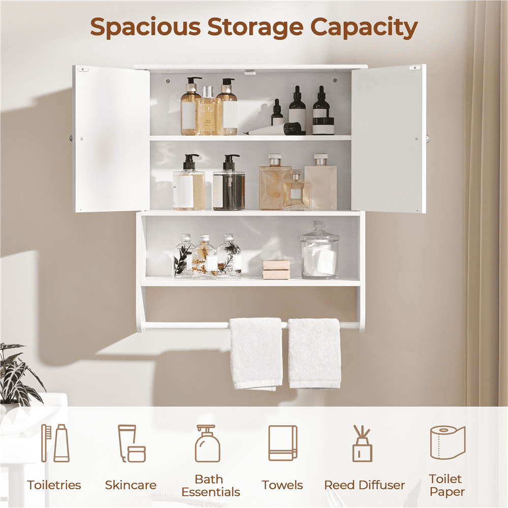 Renwick Bathroom Wall Storage Cabinet with Double Doors and Adjustable Shelf, White