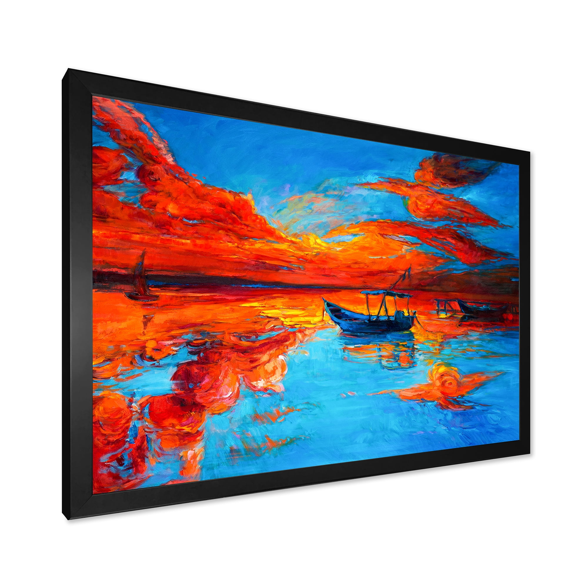 Boats During Warm Sunset Resting On The Water VI 32 in x 16 in Framed Painting Canvas Art Print, by Designart