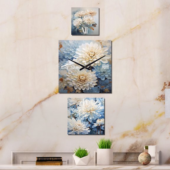 Designart "Minimalist Painting of Blooming Mums in Blue and White" Mums Oversized Wall Clock - Set Of 3 - Extra large Clock For Office Décor - Large Traditional Wall Clock