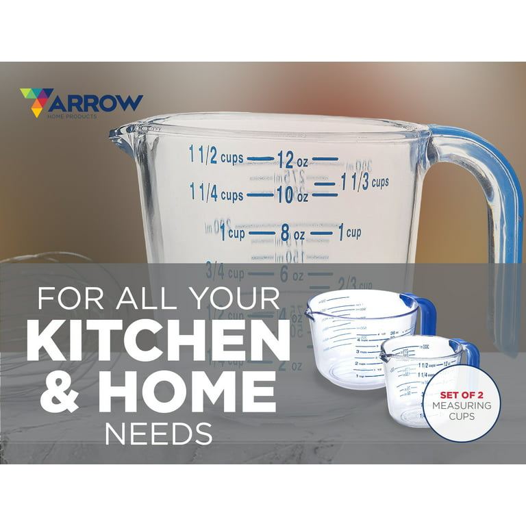 Arrow Plastic Measuring Cups for Liquids, Set of 2 - with Cool-Grip Handle - BPA-Free Measuring Cups with Spout and Clear Measurements - Microwave
