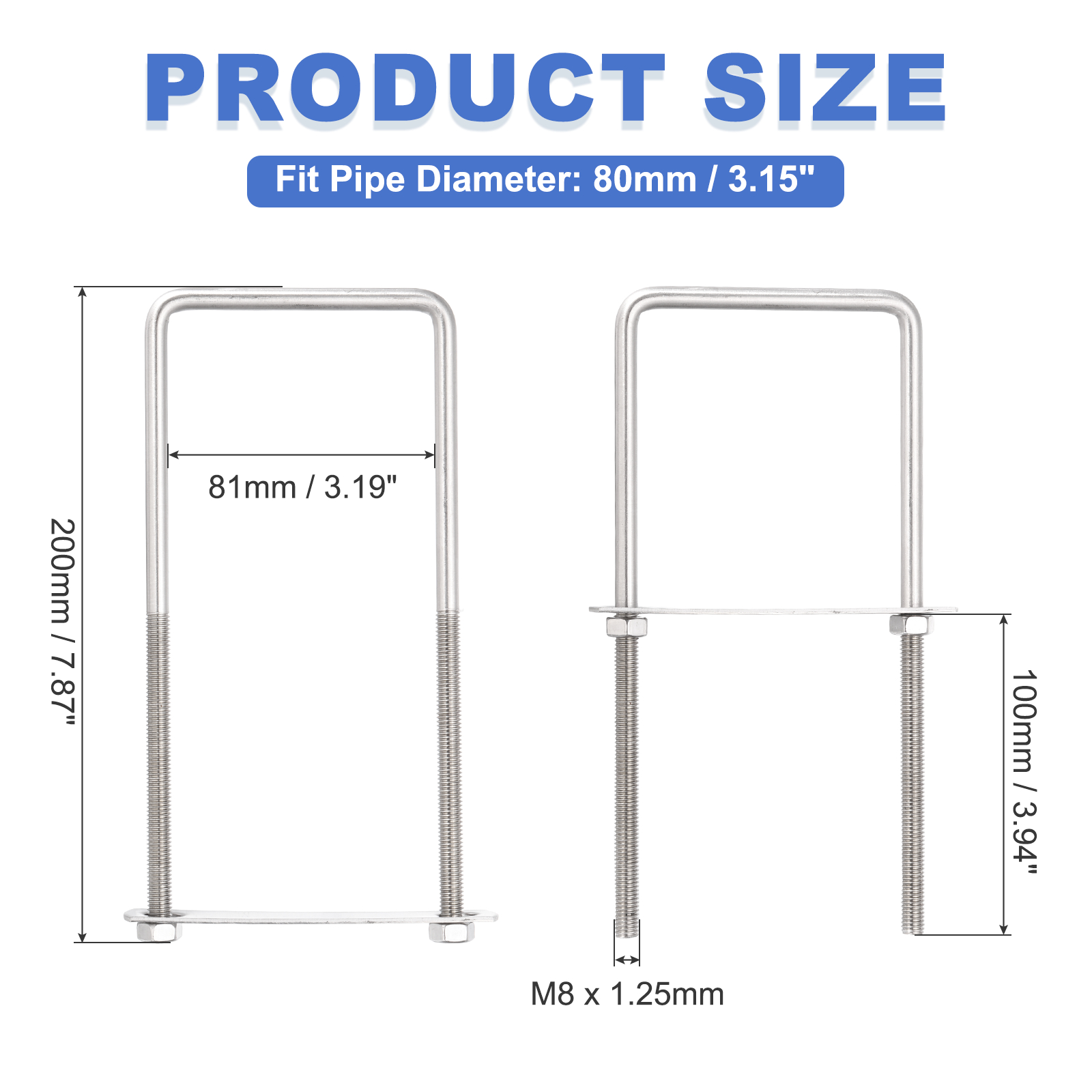 Uxcell 4 Sets M8 Square U-Bolts, 3.19" Inner Width 7.87" Length 304 Stainless Steel U Clamp Bolts with Nuts, Plates and Wrench